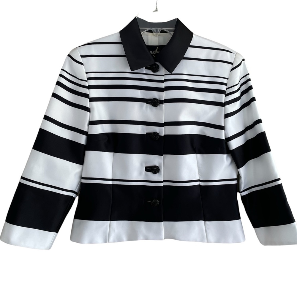 90s & Y2K JS COLLECTIONS Black & White Sateen Striped Jacket W/ Beaded Buttons